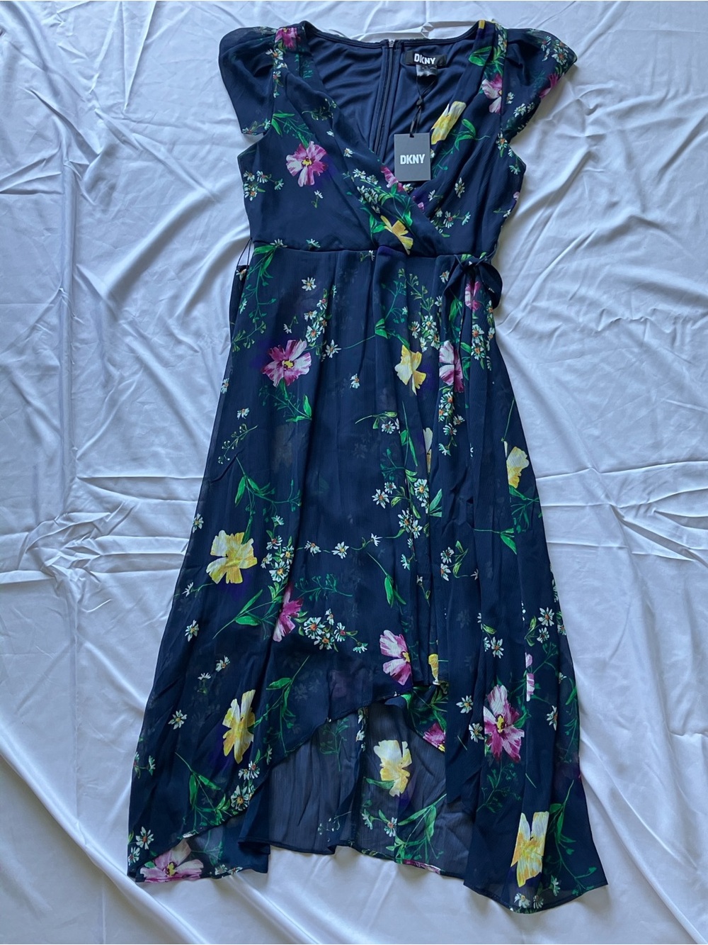 DKNY Navy Floral High-Low Wrap Dress with Yellow & Pink Blooms